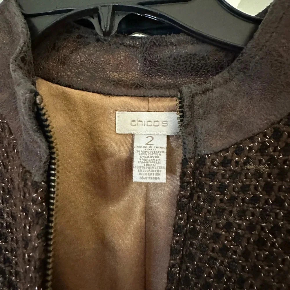 Chico's Brown Metallic Tweed Full Zip Blazer Jacket Women's Size 2 - Picture 11 of 13